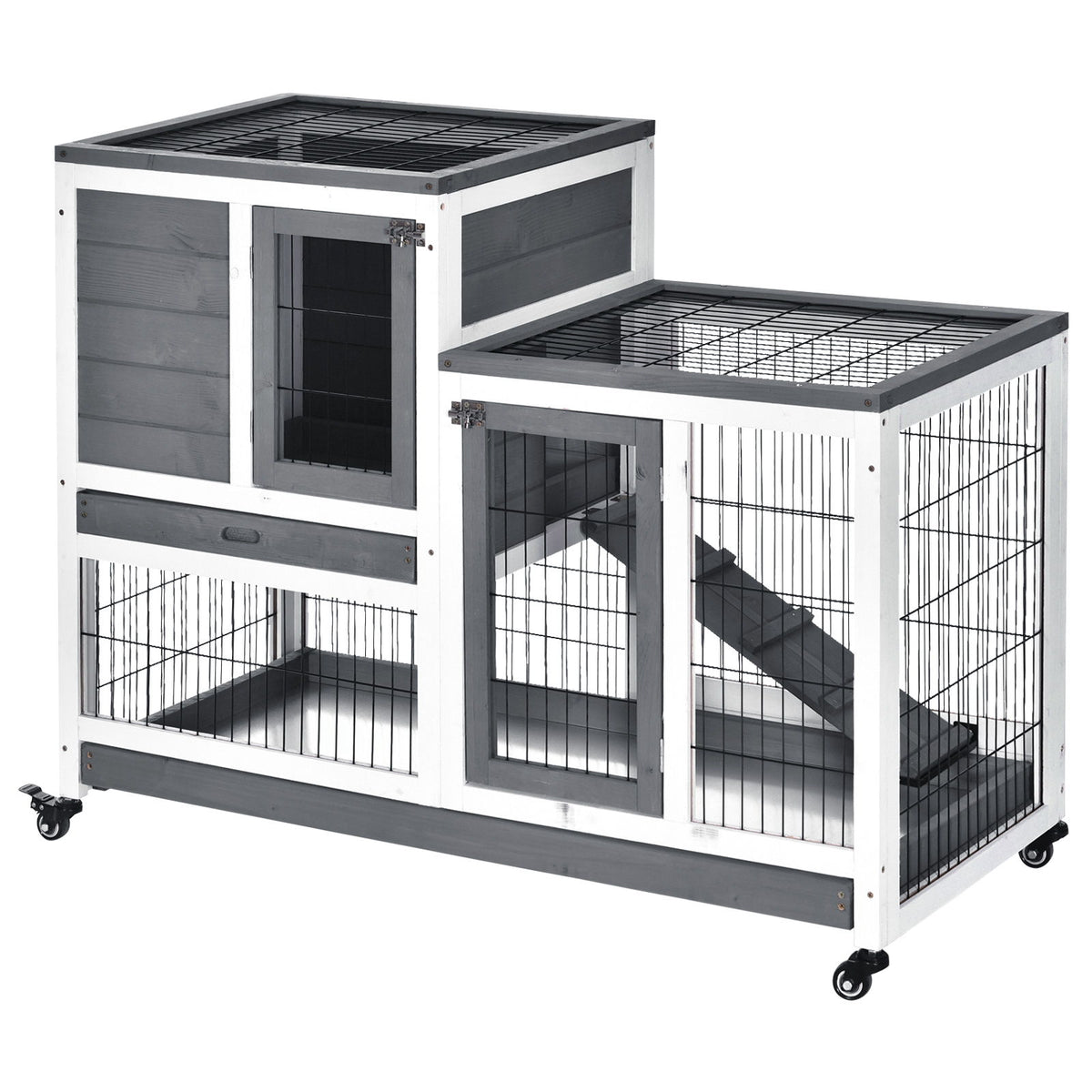 Pawhut - Wooden Rabbit Hutch Elevated Bunny Cage Indoor Small Animal Habitat With Enclosed Run With Wheels, Ramp, Removable Tray Ideal For Guinea Pigs - Gray / White