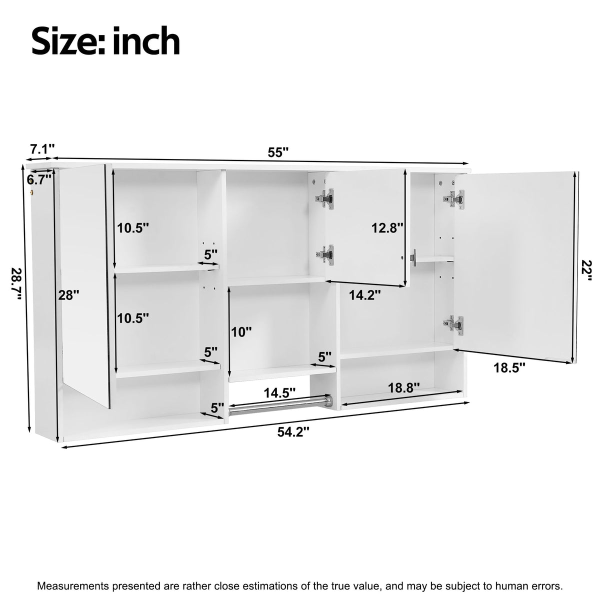 Wall-Mount 3-In-1 Mirror Cabinet With Adjustable Shelf, Soft-Closing Hinges, Rectangular Design - White