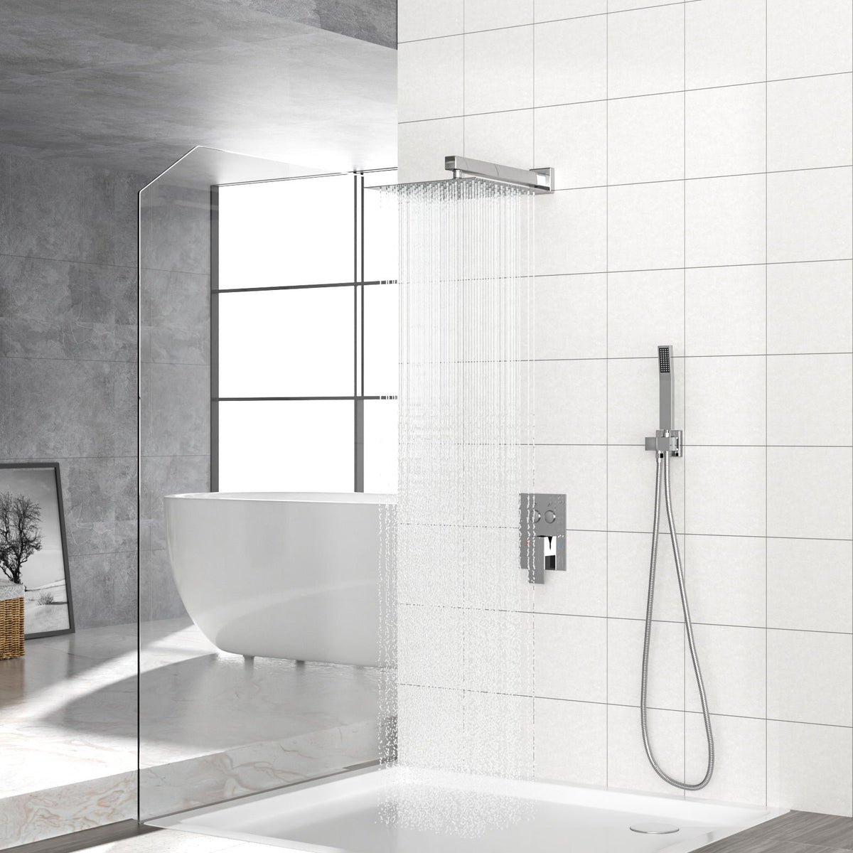 Dual Shower Head System With Square Rain Shower And Rough In Valve
