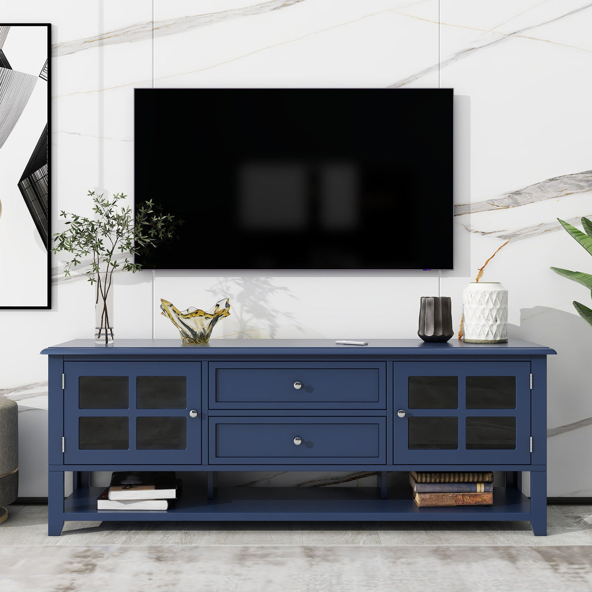 TV Stand For TVs Up To 60", Entertainment Center With Dual Drawers And Hidden Storage, Cabinet With Soft Closing Doors - Blue