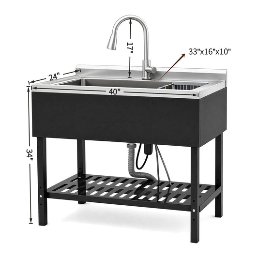 Freestanding Utility Sink With Pull Out Faucet And Large Storage Grille - Black / Silver