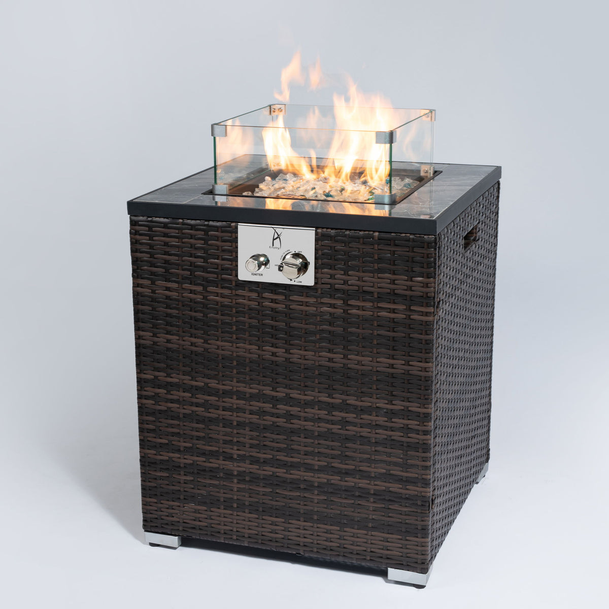 Propane Gas Square Fire Pit, Tile Tabletop With Beautiful Wicker Base For Outside