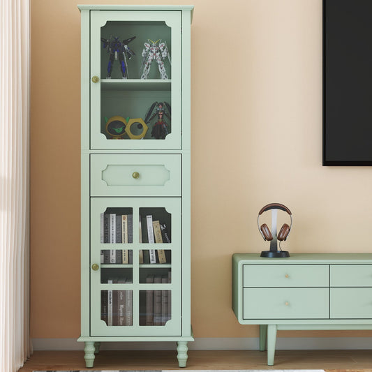Curio Cabinet, Freestanding Vintage Display Storage Cabinet, Adjustable Shelves - Green