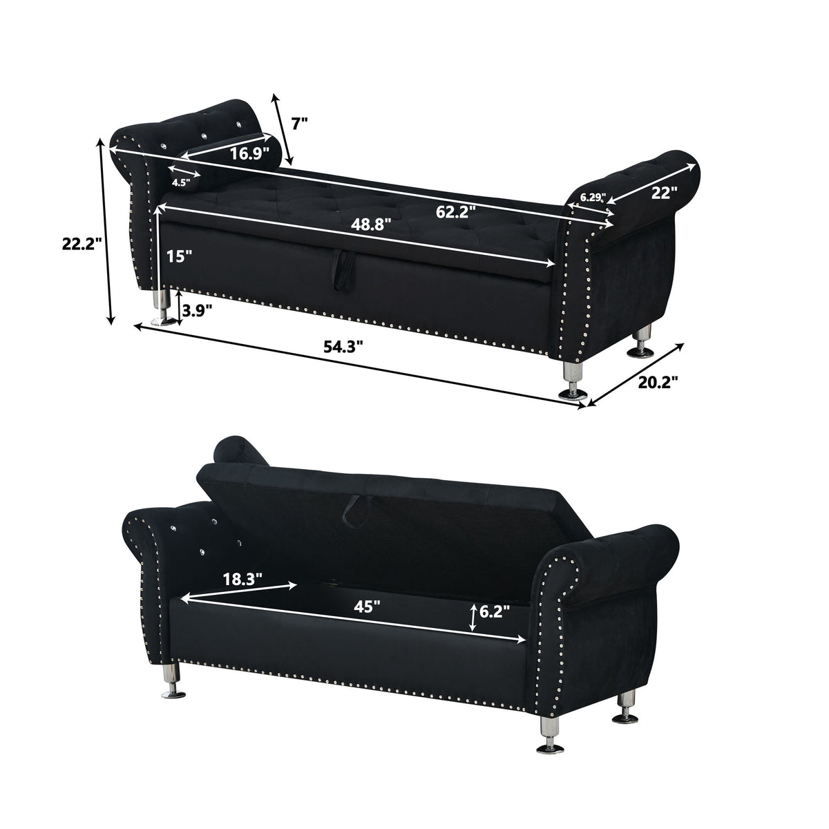 Storage Bench With Crystal Buttons And 1 Pillow For Bedroom