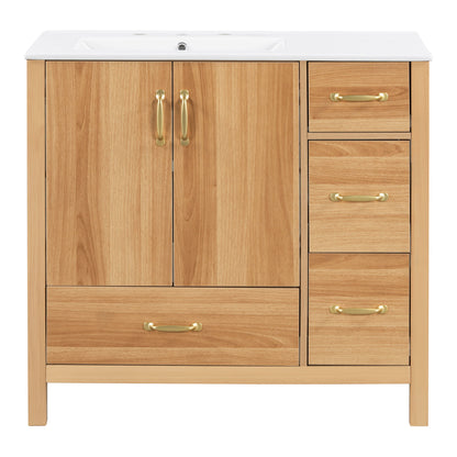 36" Bathroom Vanity, 2 Soft Close Doors, 4 Soft Close Drawers, Adjustable Shelf, Storage Cabinet - Acacia Wood