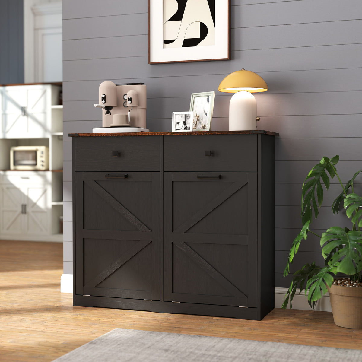 Double Tilt Out Trash Cabinet With Hideaway Drawer And Barn Door Style