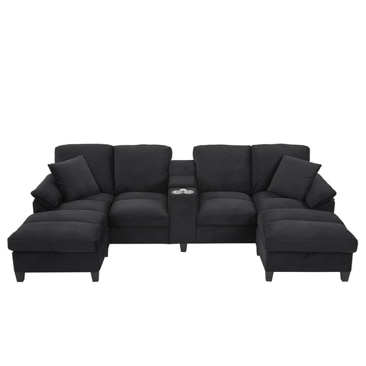 Modern U - Shaped Sectional Sofa With Storage Ottomans, USB Ports, And Cup Holders