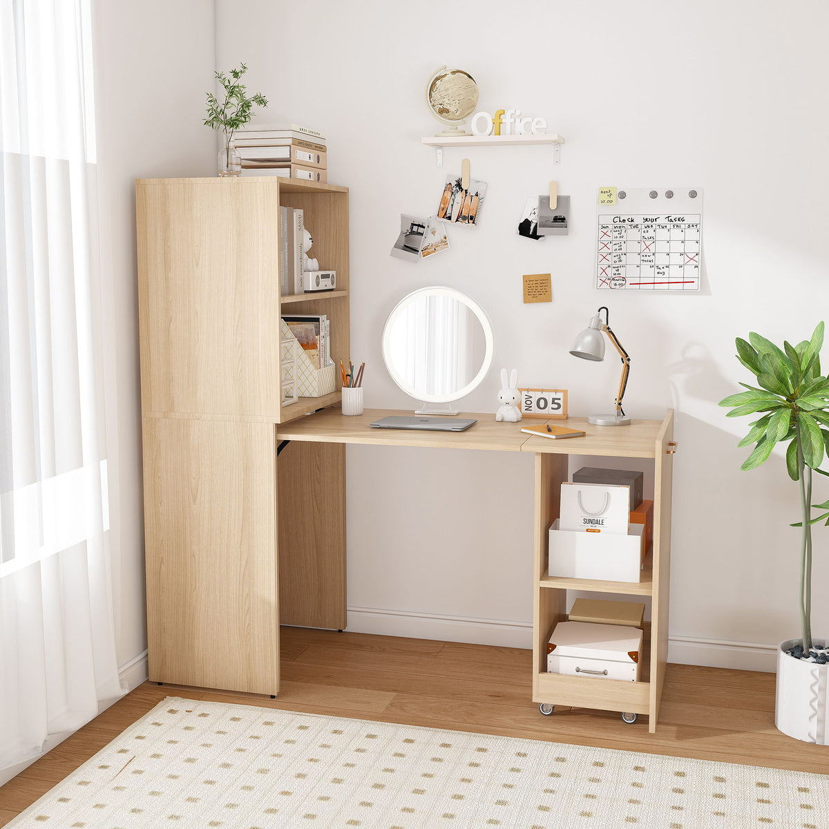 Stretchable Office Desk With Storage Shelves And Mobile Wheels