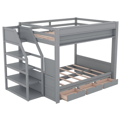 Wood Full Size Convertible Bunk Bed With Storage Staircase, Bedside Table, And 3 Drawers - Gray