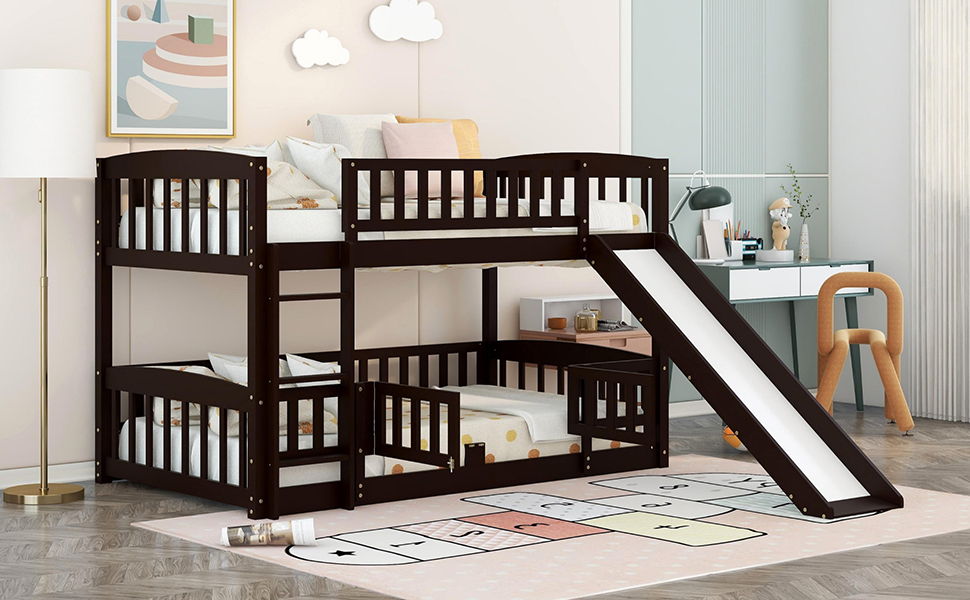 Low Bunk Bed With Slide, Fence And Ladder