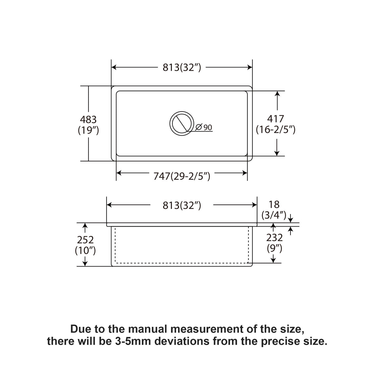 Rectangular Deep Single Bowl, Kitchen Sink With Dual Mount Installation