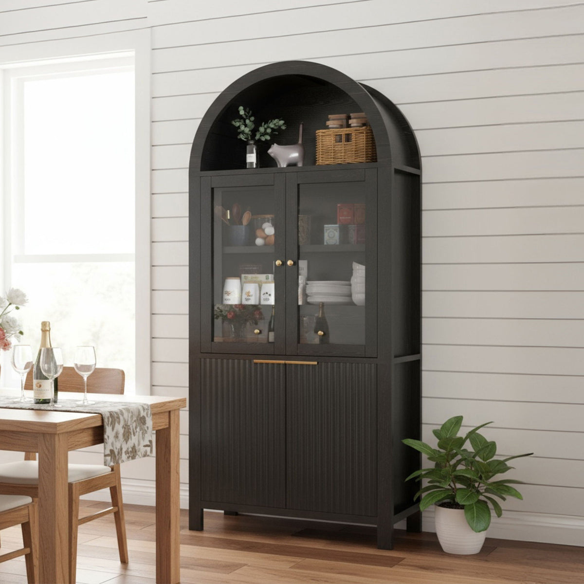 Fluted Tall Arched Pantry Cabinet With Adjustable Shelves, Glass Door & Hidden Drawer For Kitchen - Black