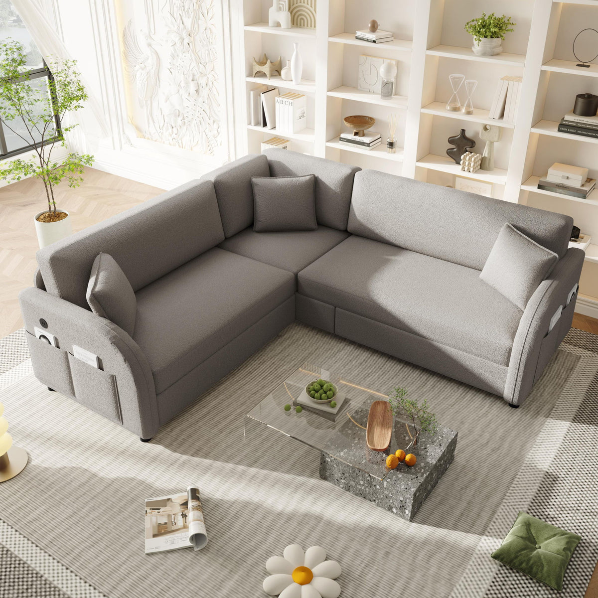 L-Shaped Couch With Pull-Out Bed, Oversize Convertible Sleeper Sofa With Side Pocket & USB Port
