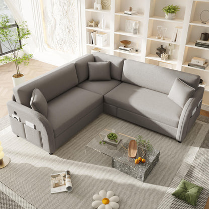 L-Shaped Couch With Pull-Out Bed, Oversize Convertible Sleeper Sofa With Side Pocket & USB Port
