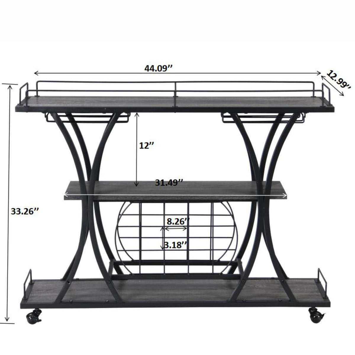Industrial Bar Cart Kitchen Bar & Serving Cart For Home With Wheels 3 Tier Storage Shelves - Black / Gray