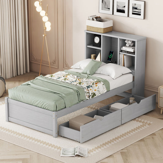 Twin Size Bed Frame With Built In USB Port And 2 Drawers - Gray