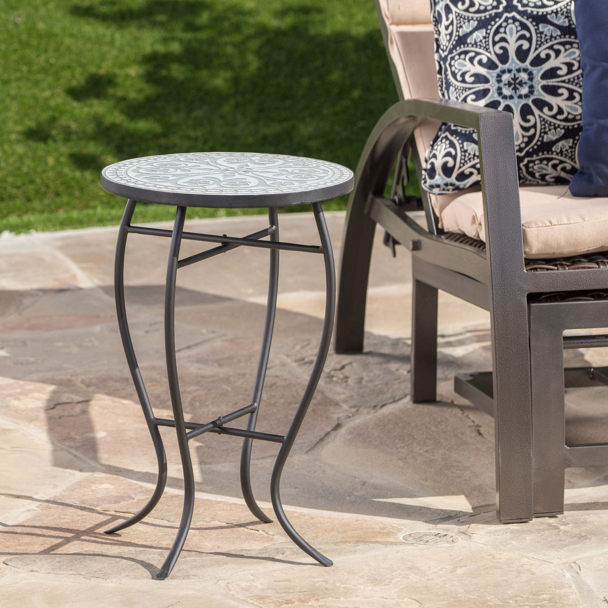 Outdoor Round Side Table With Mosaic Style Top And Curved Iron Legs