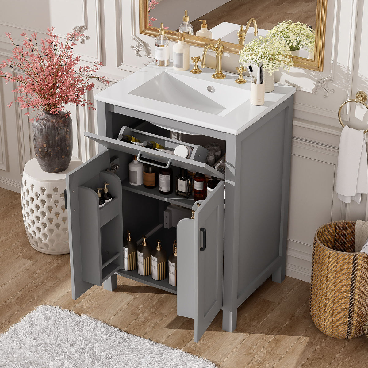 Bathroom Vanity With Ceramic Sink, Soft Close Doors, Flip Drawer, Double Layer Door Shelves
