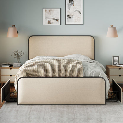 Modern Bed With Curved Upholstered Headboard And Footboard, Heavy Duty Metal Slats
