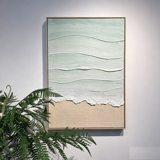 Framed Beach Wall Art, Textured Canvas Painting, Neutral Ocean Decor For Living Room - Beige / Blue