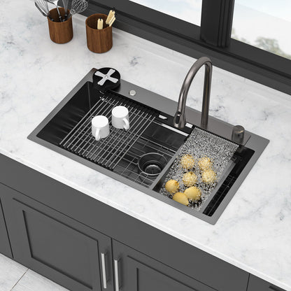 33" Stainless Steel Single Bowl Kitchen Sink With Waterfall Flow