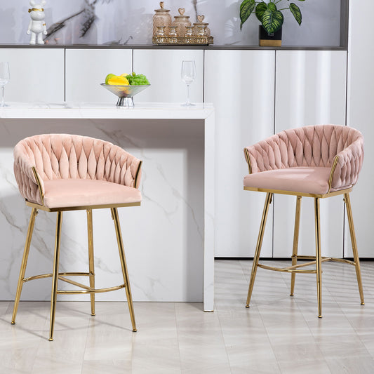 Counter Height Bar Stools Kitchen Island Counter Bar Stool With Hand - Wave Back, Golden Chromed Base And Footrest (Set of 2) - Pink