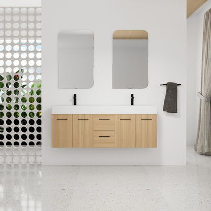 Floating Double Sink Bathroom Vanity With Drawers And Doors, Extra Large Storage, Integrated Sink, Soft Close Hardware - Glossy White / Light Oak
