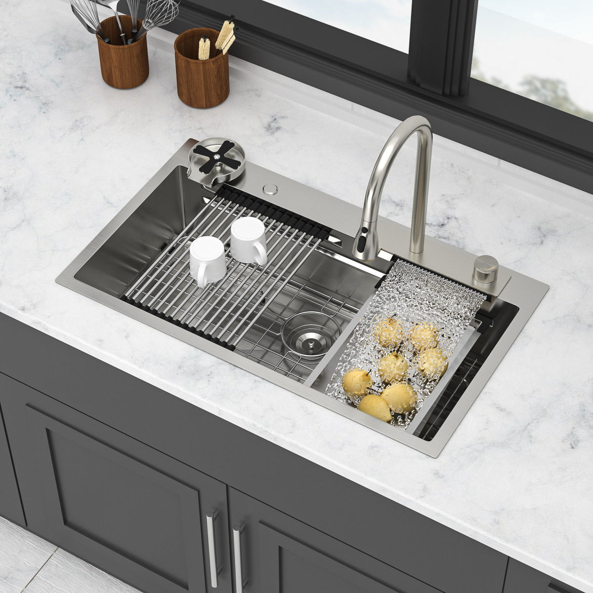 33" Stainless Steel Single Bowl Kitchen Sink With Waterfall Flow