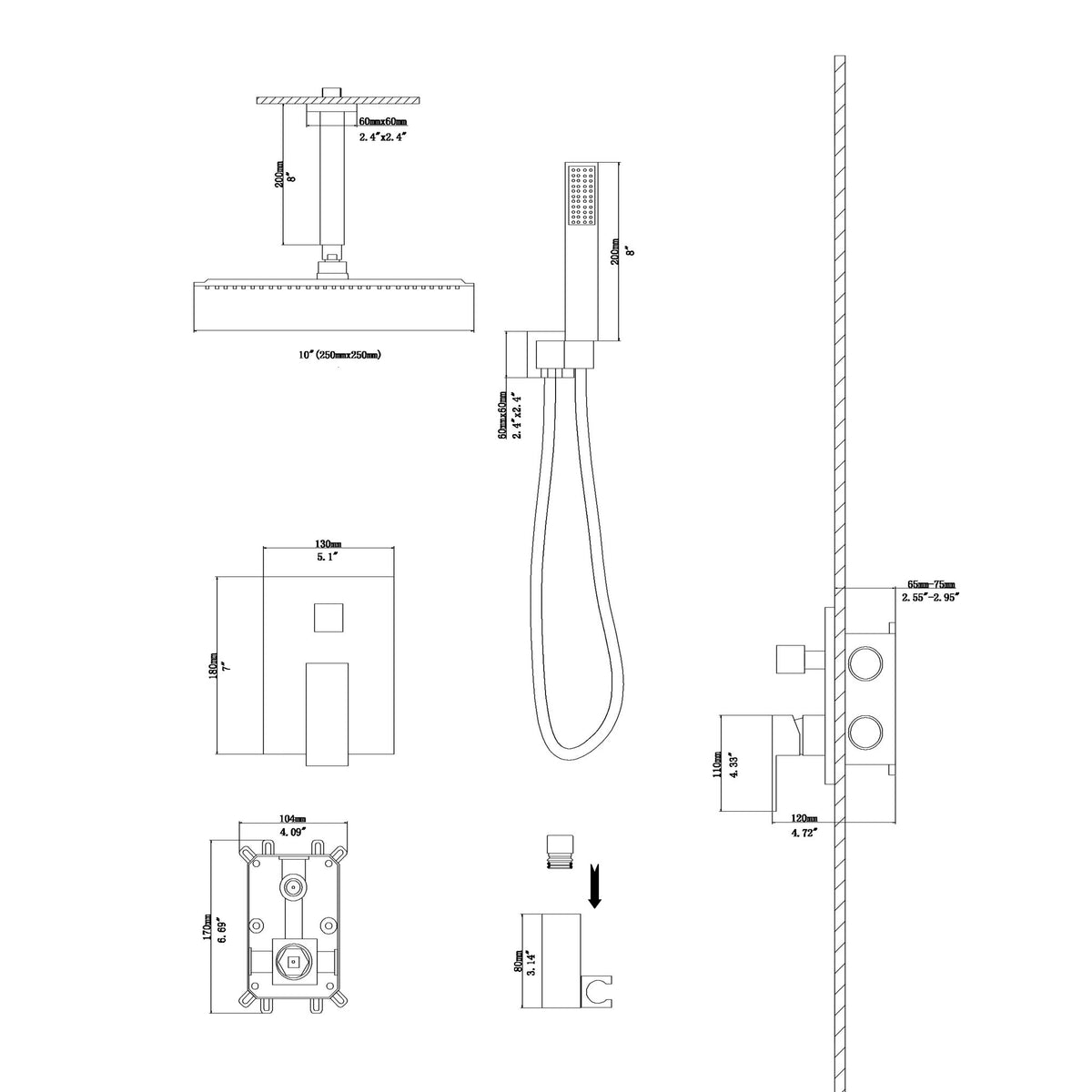 Dual Shower Head 10" Ceiling Mount Square Shower System With Rough In Valve - Matte Black