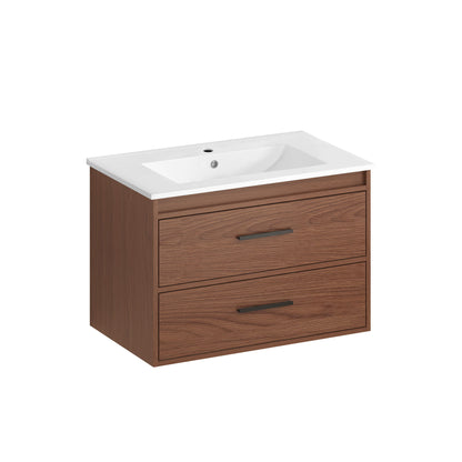 Wall Mounting Bathroom Vanity With Soft Close 2 Drawer, Sink - Reddish Brown