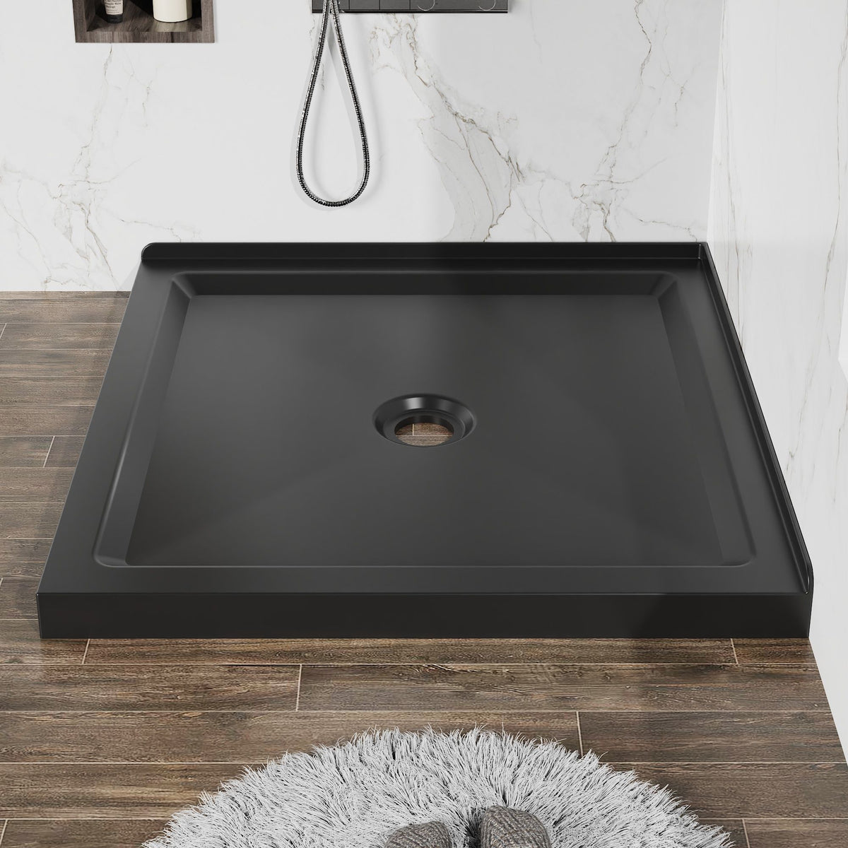 Shower Base, Anti Slip Center Drain Double Threshold - Black