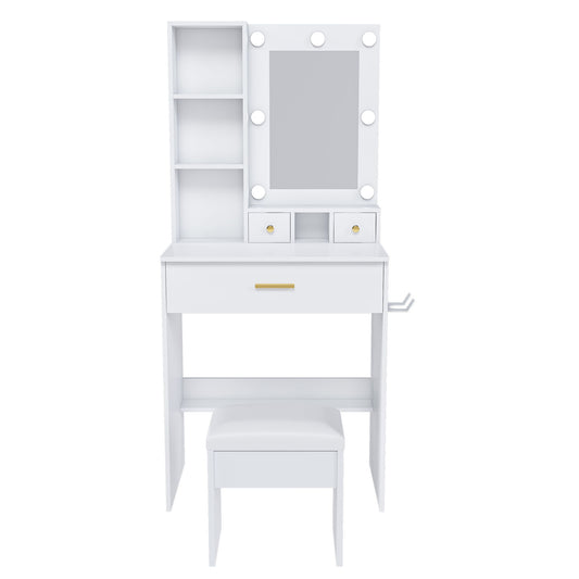 Vanity Table With Mirror, Adjustable LED Lights, Power Outlet, Hairdryer Holder & Stool