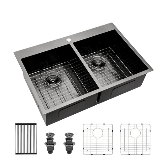 Double Bowl Drop In Kitchen Sink, 16 Gauge Stainless Steel With 2 9" Deep Basins - Gunmetal Black