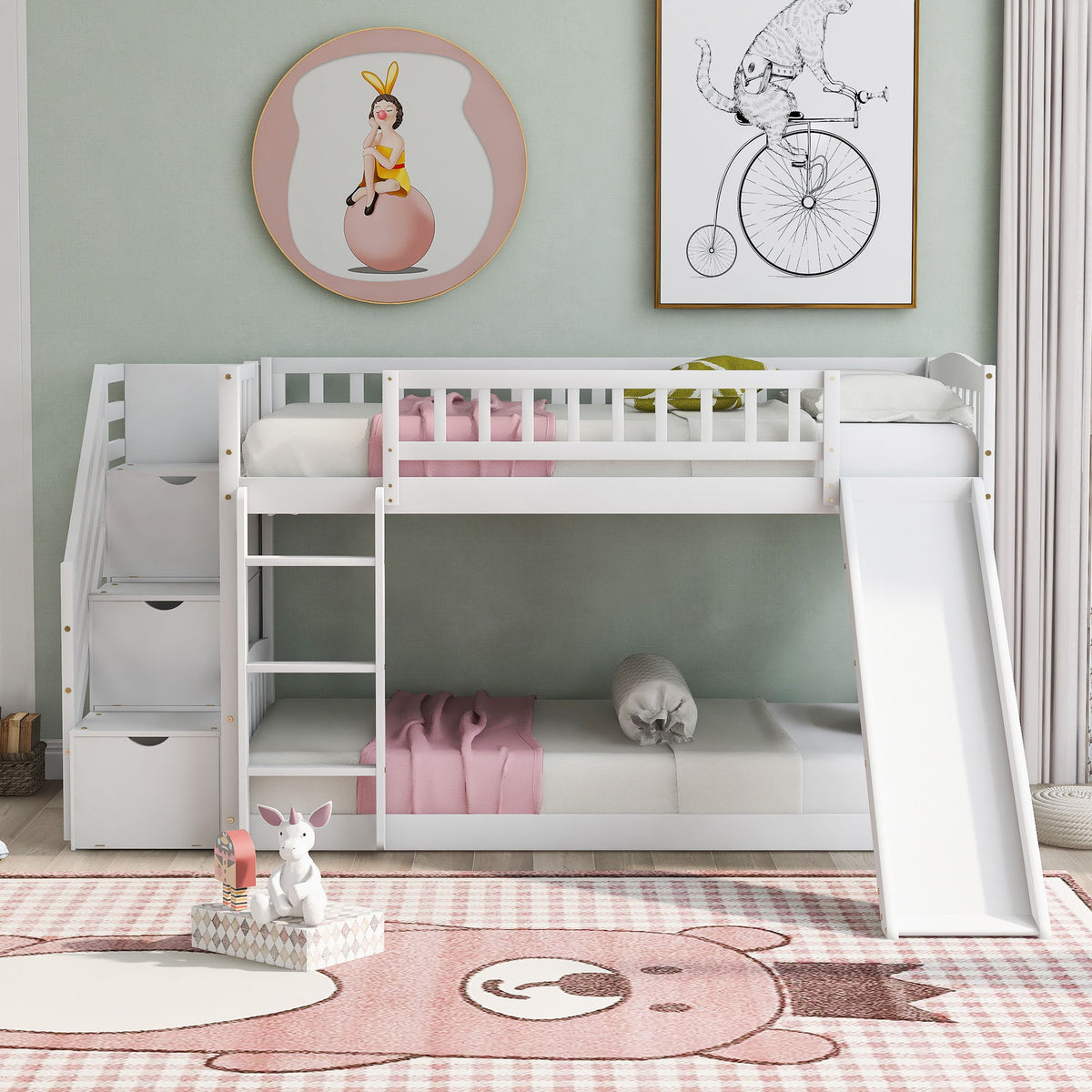 Twin Over Twin Stairway Bunk Bed With Two Drawers And Slide