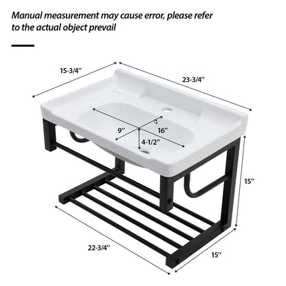 Wall Mounted Rectangular Bathroom Sink With Towel Bar & Overflow - White
