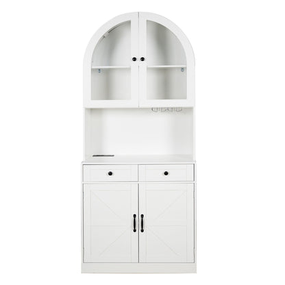 Tall Arched Pantry Cabinet With Charging Station, Adjustable Shelves, Coffee Bar With Open Countertop For Kitchen - White