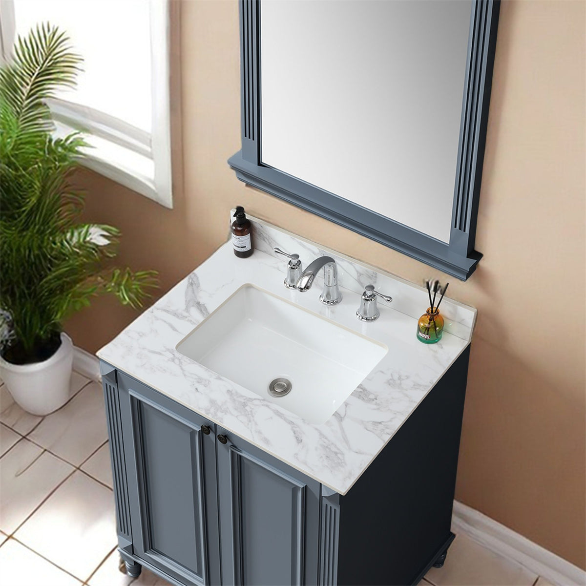 Elegant Sintered Stone Bathroom Vanity Top With Rectangular Undermount Ceramic Sink