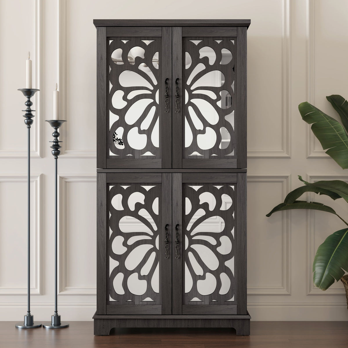 Modern Sideboard Buffet With 4 Mirrored Doors, Adjustable Shelves