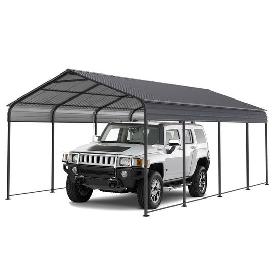 Metal Carport 12 X 20 Ft Heavy Duty With Galvanized Steel Roof Metal Garage Canopy With Galvanized Steel Roof & Frame Car Tent Outdoor Storage Shed For Car Boats And Truck - Alabaster / Dark Gray