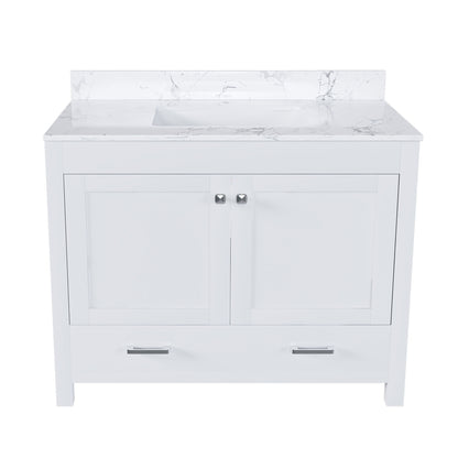 43" Bathroom Vanity With Artificial Marble Carrara Top Set, Multi Functional Cabinet With Doors And Drawer - White
