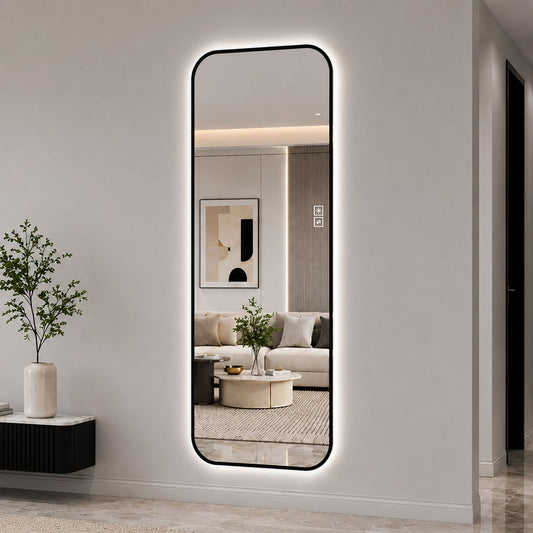 Oversized Backlit LED Full Length Mirror With 3 Color Temperatures, Wall Mounted For Bedroom - Black