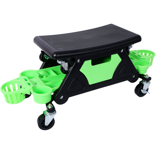 Rolling Detailing Creeper Seat With Wheels, Removable Tool Trays, 300 Lbs Capacity - Green