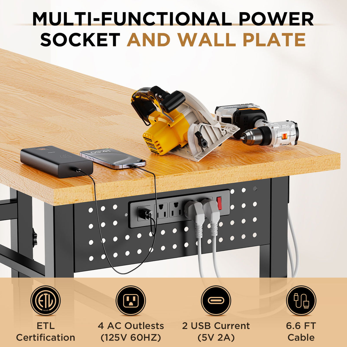 Adjustable Workbench, Side Pegboard, 4 Height Settings, Power Outlet, Storage Box, Wheels Or Leveling Feet - Black