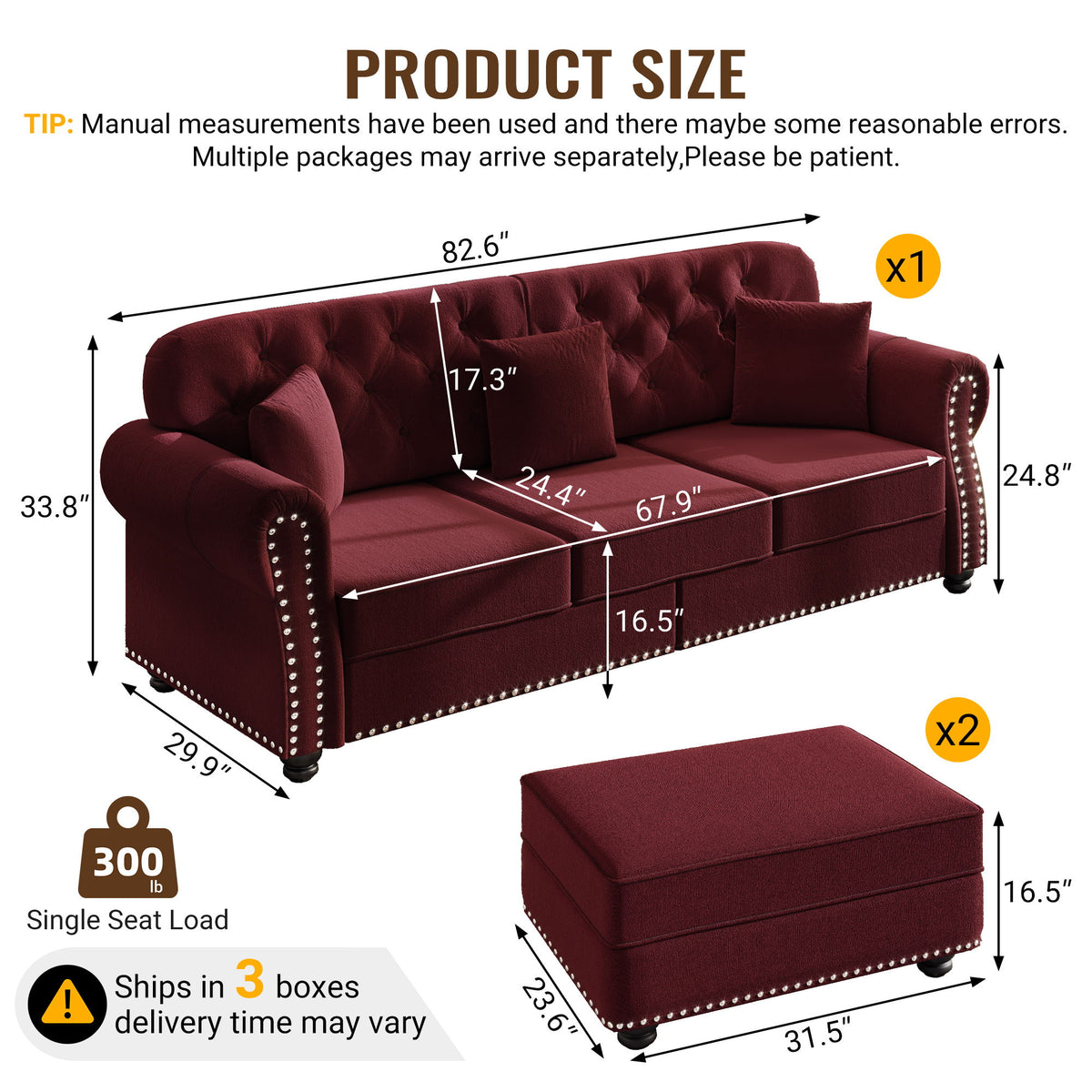 Upholstered Sofa Set With Nailhead Trim And Rolled Armrests, Includes Pillows
