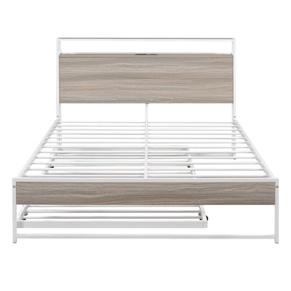 Platform Bed Frame With Trundle, USB Ports And Slat Support, No Box Spring Needed