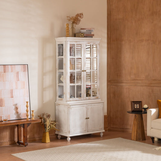 Vintage Display Cabinet With Double Glass Doors, Traditional Style Hutch For Home Or Workspace Washed - White Washed
