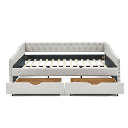 Upholstered Tufted Daybed With Drawers, Waved Arms