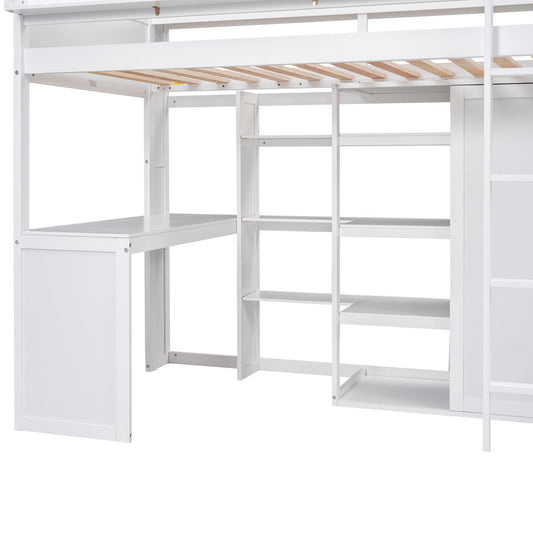Loft Bed With Built In Desk, Storage Shelves, And Wardrobe