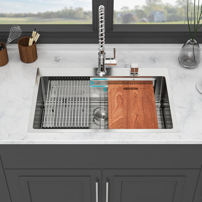 33" Drop In Kitchen Sink Single Bowl 16 Gauge Stainless Steel Ledge Workstation - Brushed Nickel