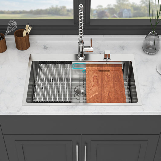 33" Drop In Kitchen Sink Single Bowl 16 Gauge Stainless Steel Ledge Workstation - Brushed Nickel
